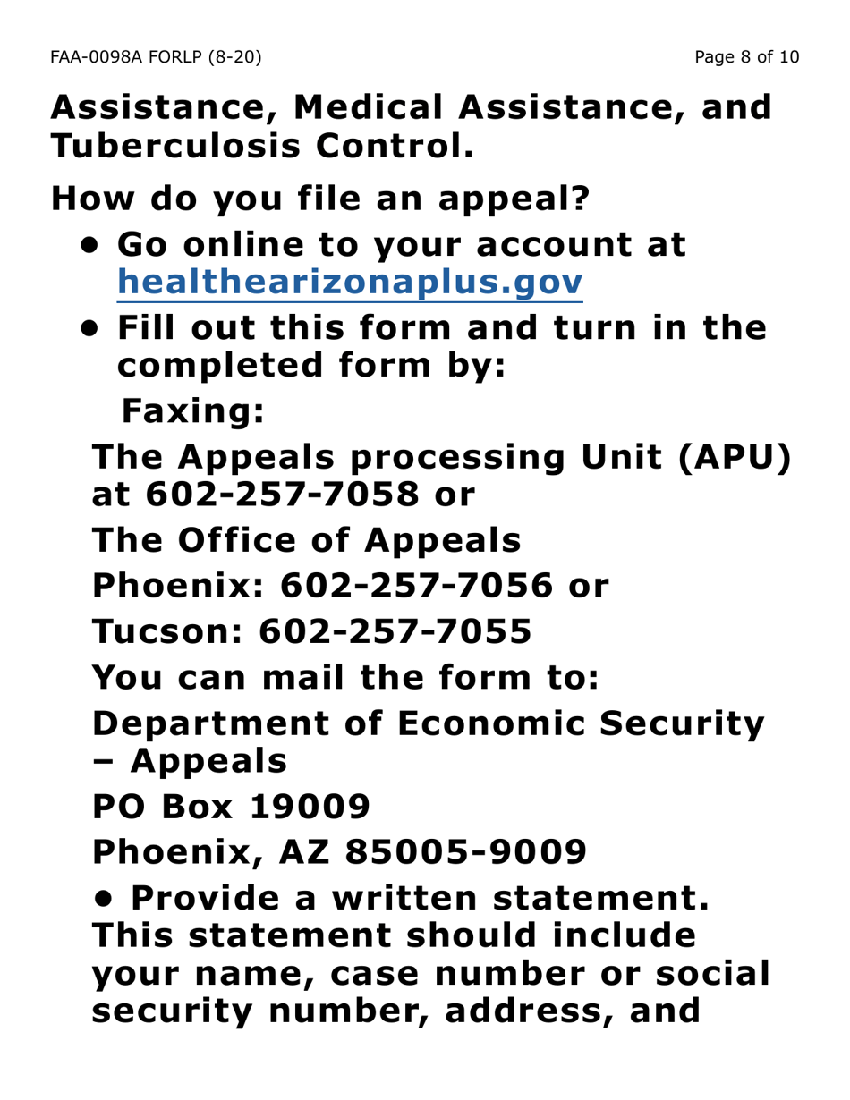 Form FAA-0098A-LP Hearing Request (Large Print) - Arizona, Page 8