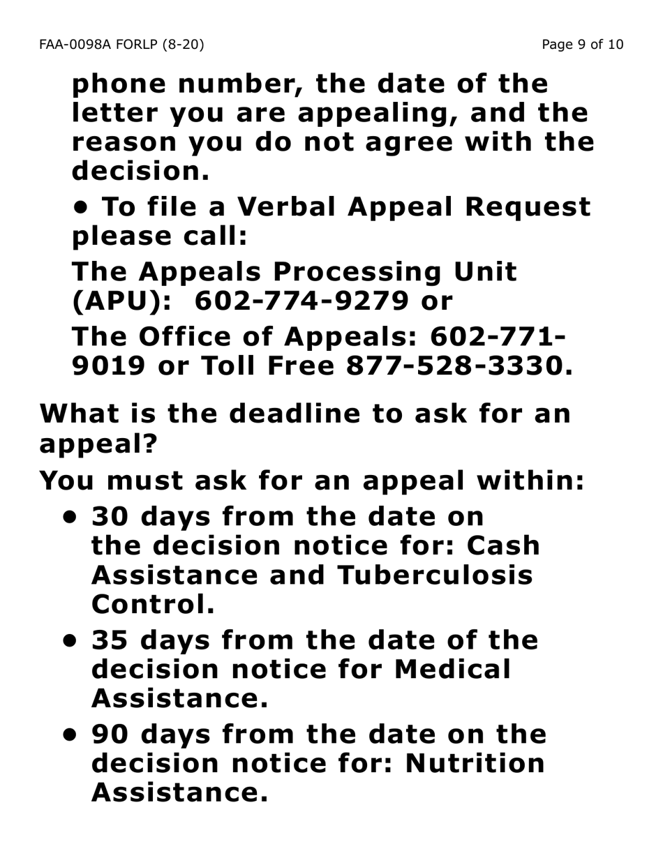 Form FAA-0098A-LP Hearing Request (Large Print) - Arizona, Page 9