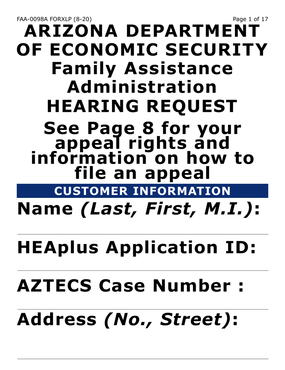 Form FAA-0098A-XLP Hearing Request (Extra Large Print) - Arizona, Page 1