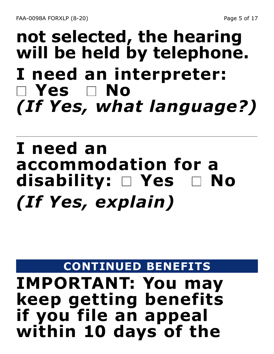 Form FAA-0098A-XLP Hearing Request (Extra Large Print) - Arizona, Page 5