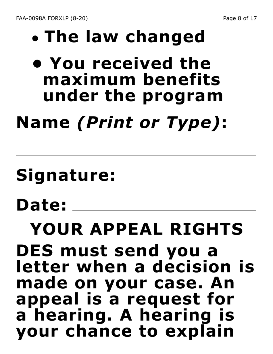 Form FAA-0098A-XLP Hearing Request (Extra Large Print) - Arizona, Page 8