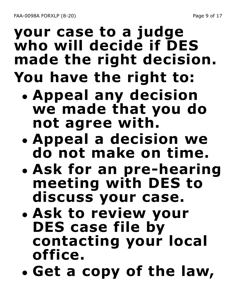 Form FAA-0098A-XLP Hearing Request (Extra Large Print) - Arizona, Page 9