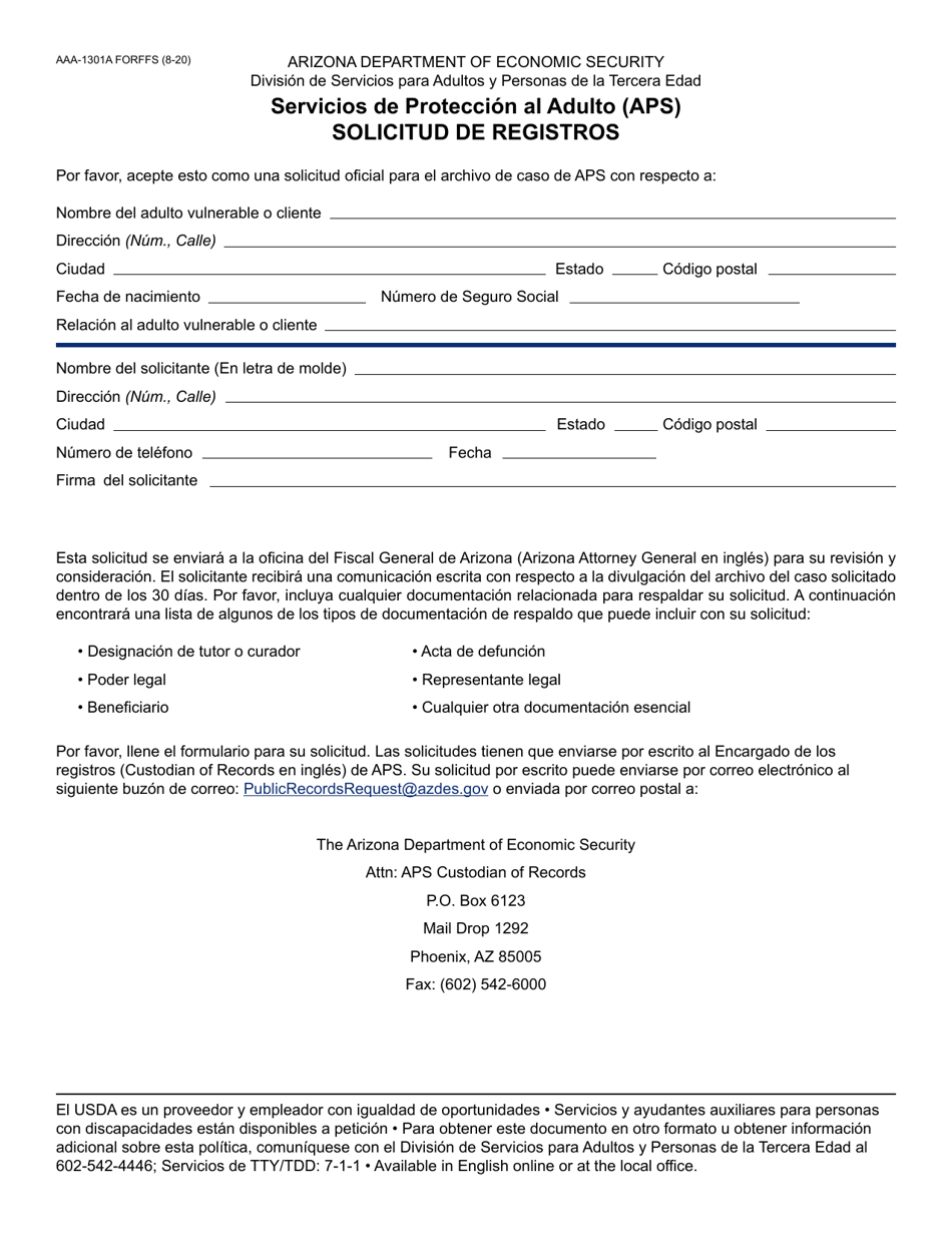 Formulario AAA-1301A-S Servicios De Proteccion Al Adulto (Aps) Solicitud De Registros - Arizona (Spanish), Page 1