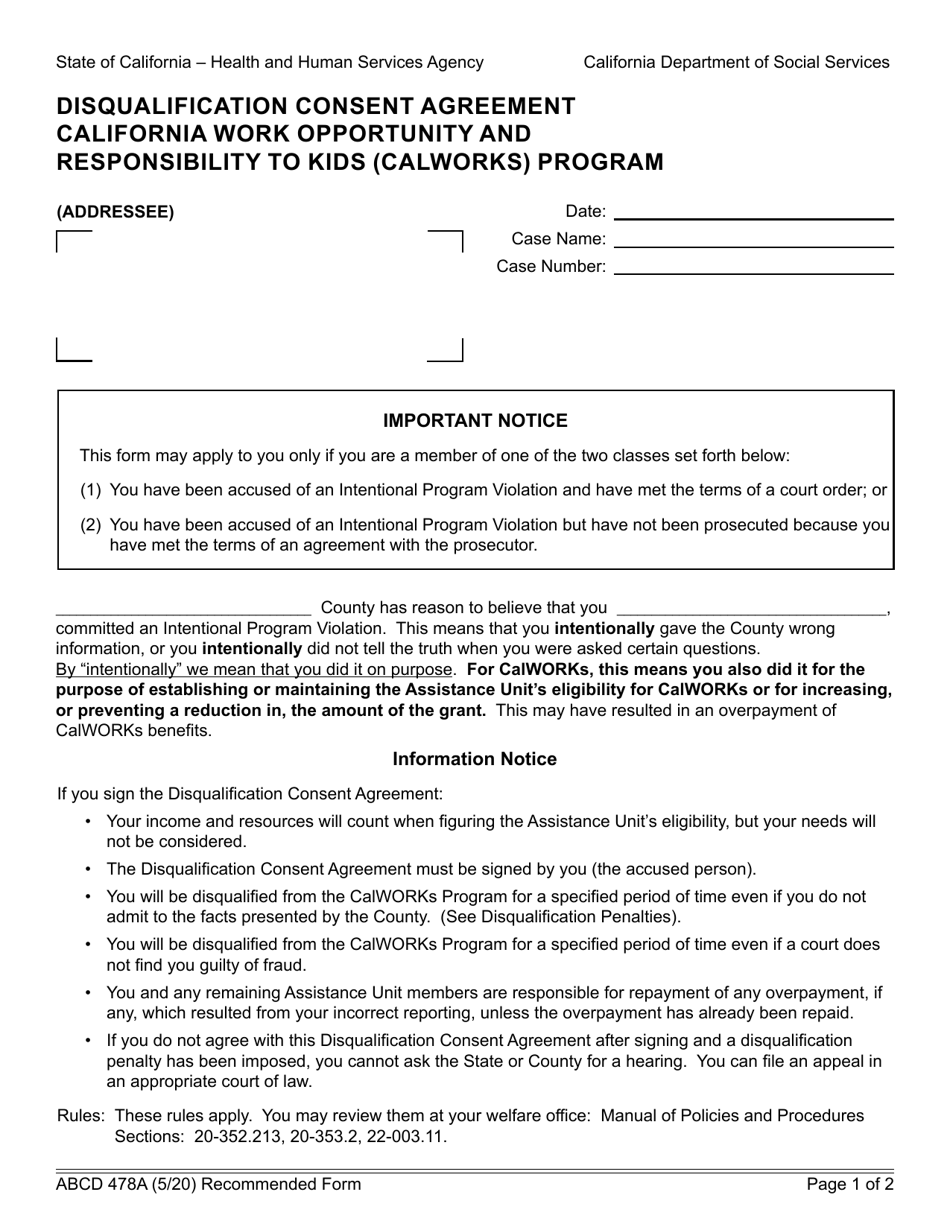 Form ABCD478A Disqualification Consent Agreement California Work Opportunity and Responsibility to Kids (Calworks) Program - California, Page 1