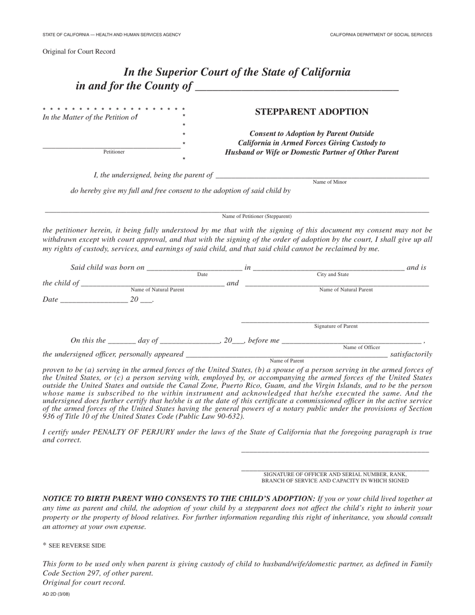 Form AD2D Stepparent Adoption - California, Page 1
