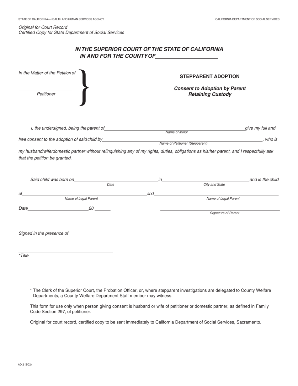 Form AD2 Consent to Adoption by Parent Retaining Custody - California, Page 1