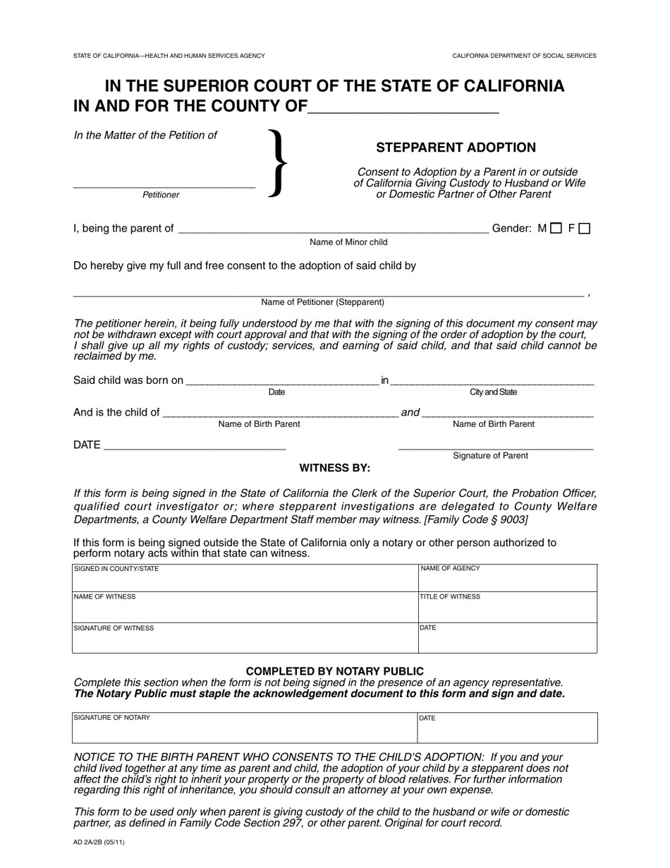 Form AD2A / 2B Stepparent Adoption (Consent to Adoption by a Parent in or Outside of California Giving Custody to Husband or Wife or Domestic Partner of Other Parent) - California, Page 1