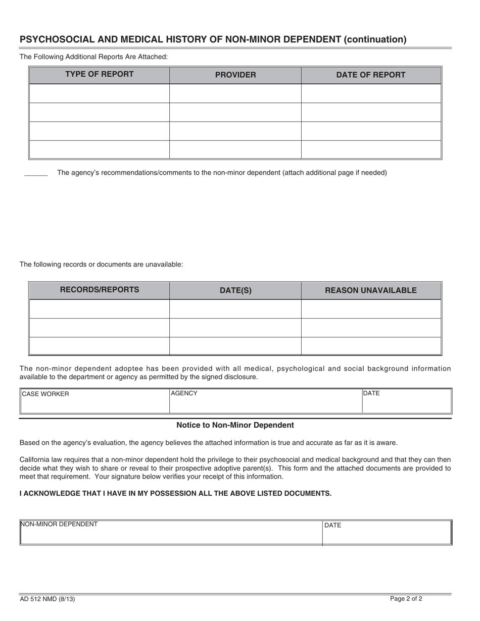 Form AD512NMD Psychosocial and Medical History of Non-minor Dependent - California, Page 2