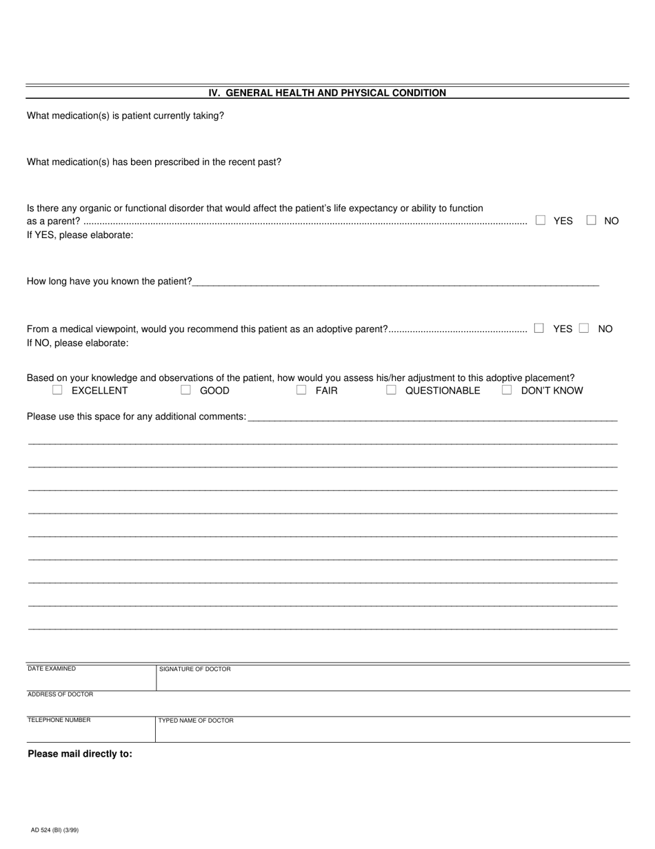Form AD524 Physicians Examination of Adoption Applicant / Petitioner - California (English / Spanish), Page 2