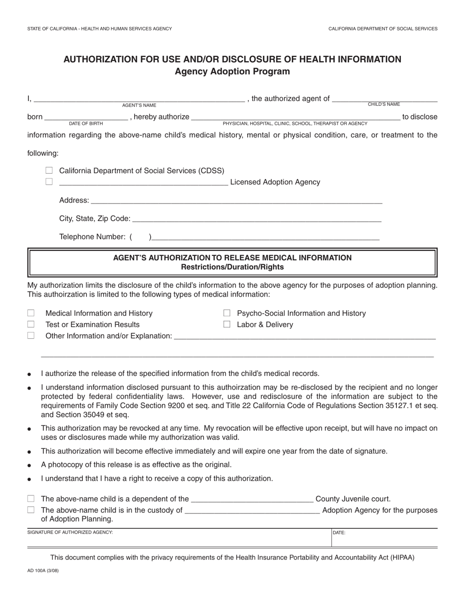 Form AD100A Authorization for Use and/or Disclosure of Health Information - California, Page 1