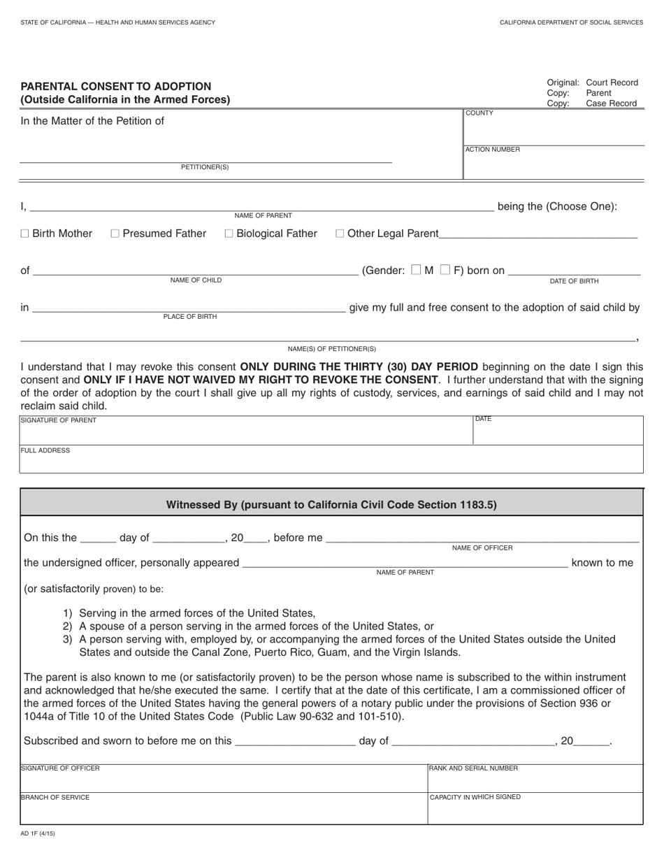 Form AD1F Parental Consent to Adoption (Outside California in the Armed Forces) - California, Page 1