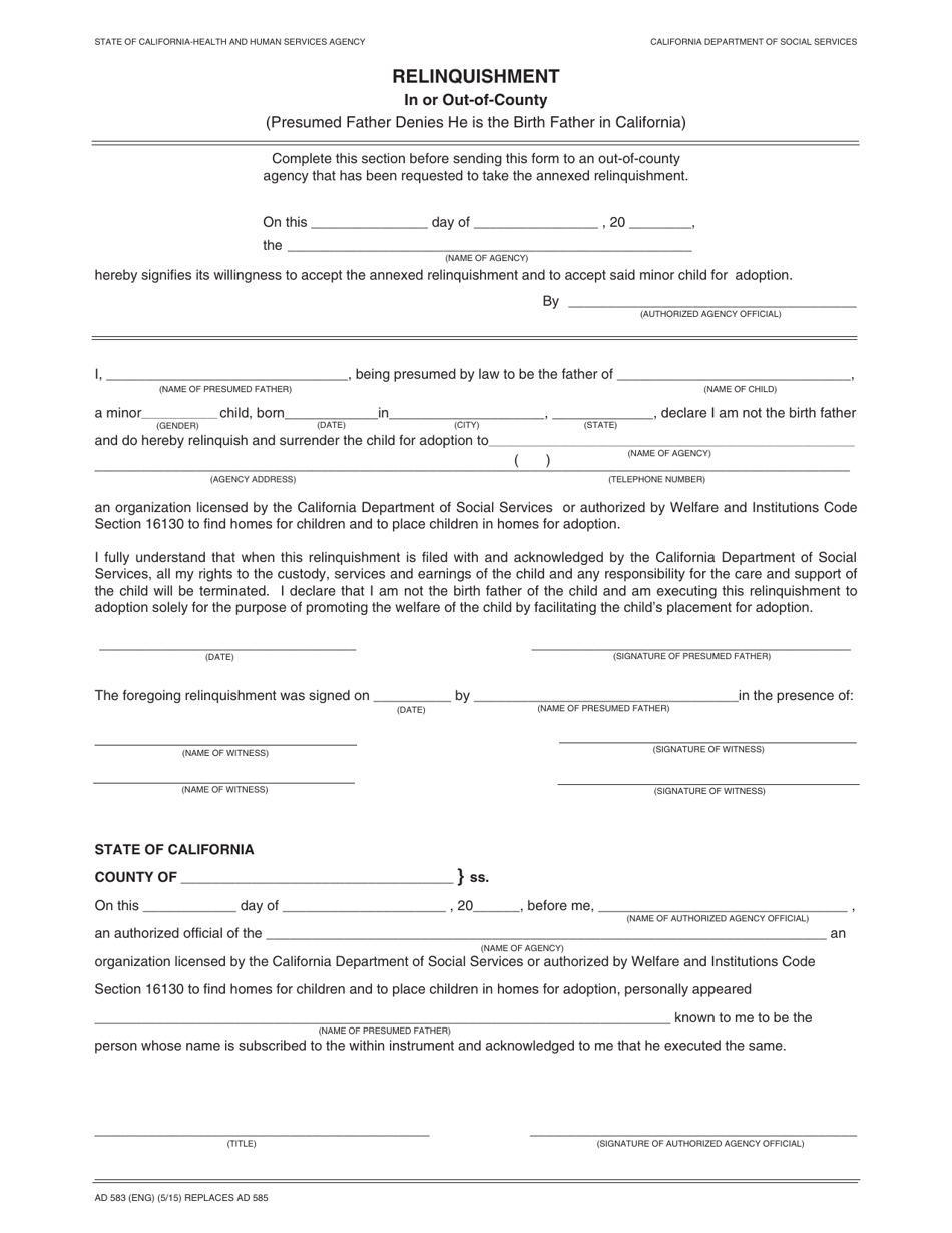 Form AD583 Relinquishment in or out of County - Presumed Father Denies He Is the Birth Father in California - California, Page 1