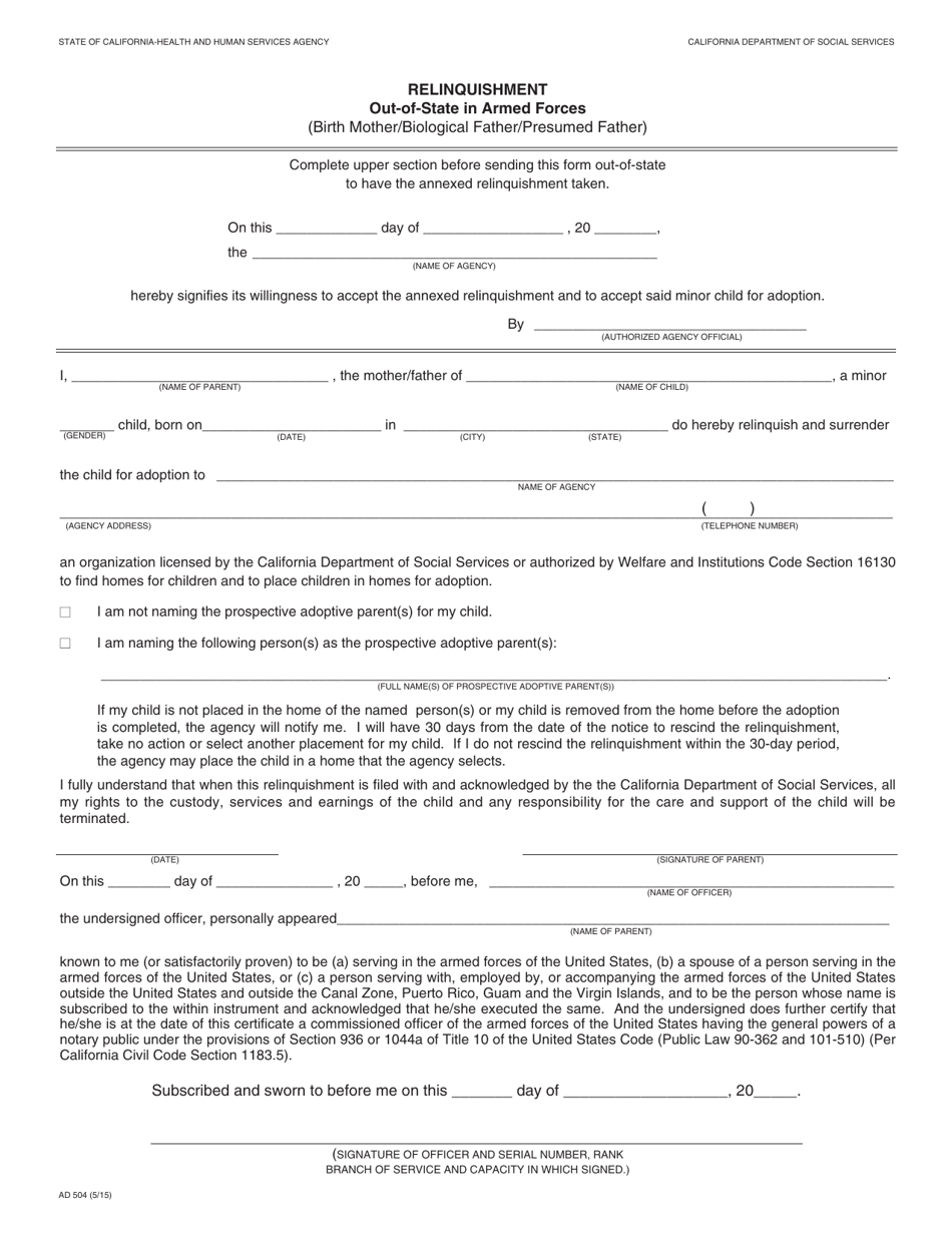 Form AD504 Relinquishment - out of State in Armed Forces (Birth Mother / Biological Father / Presumed Father) - California, Page 1