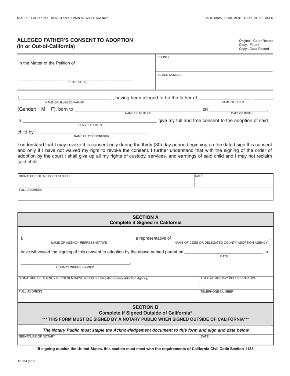 Form AD594 Alleged Fathers Consent to Adoption (In or out-Of-California) - California, Page 1