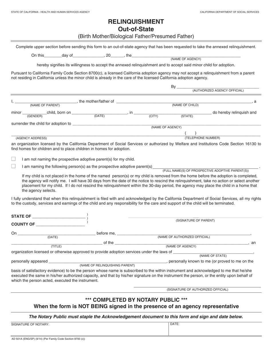 Form AD501A Relinquishment Out-of-State (Birth Mother / Biological Father / Presumed Father) - California, Page 1