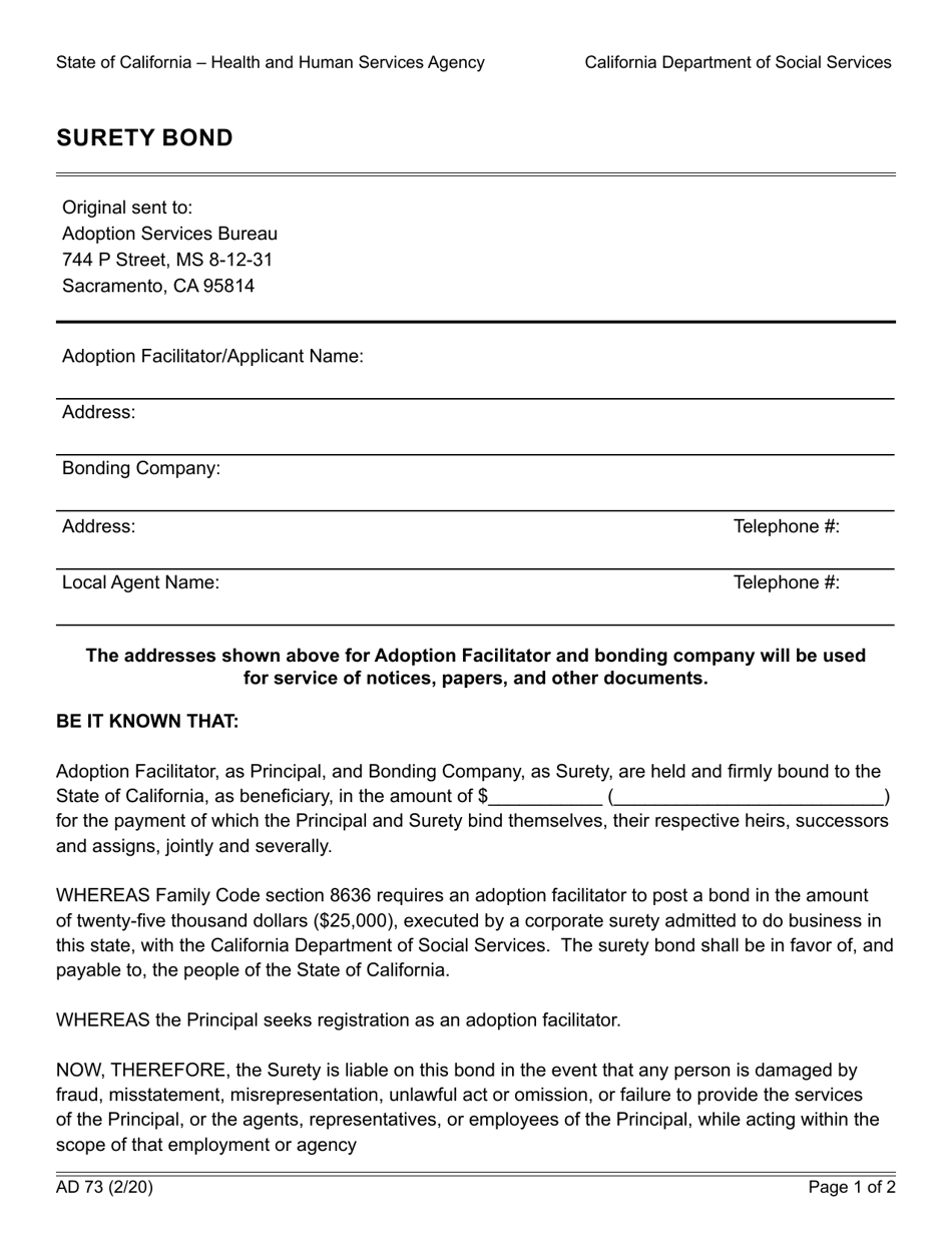 Form AD73 Download Fillable PDF or Fill Online Surety Bond, California