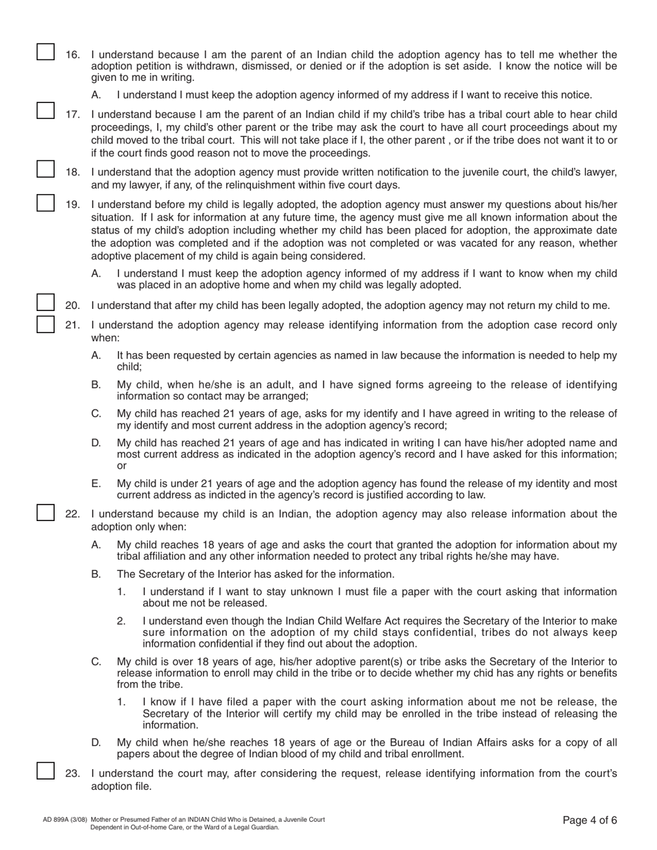 Form AD899A Statement of Understanding - Mother or a Presumed Father of an Indian Child Who Is Detained, a Juvenile Court Dependent in out-Of-Home Care, or the Ward of a Legal Guardian - California, Page 4