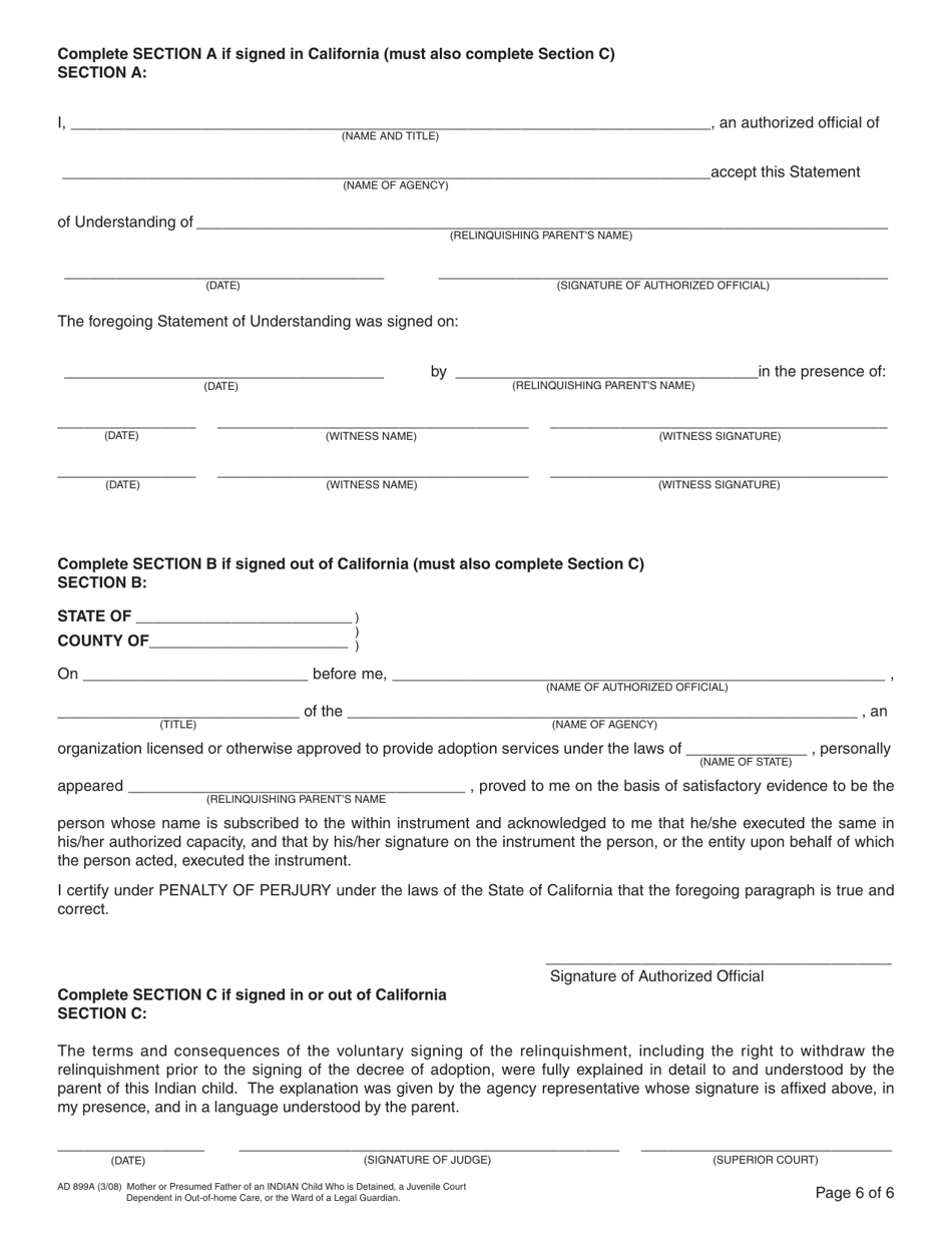 Form AD899A Statement of Understanding - Mother or a Presumed Father of an Indian Child Who Is Detained, a Juvenile Court Dependent in out-Of-Home Care, or the Ward of a Legal Guardian - California, Page 6