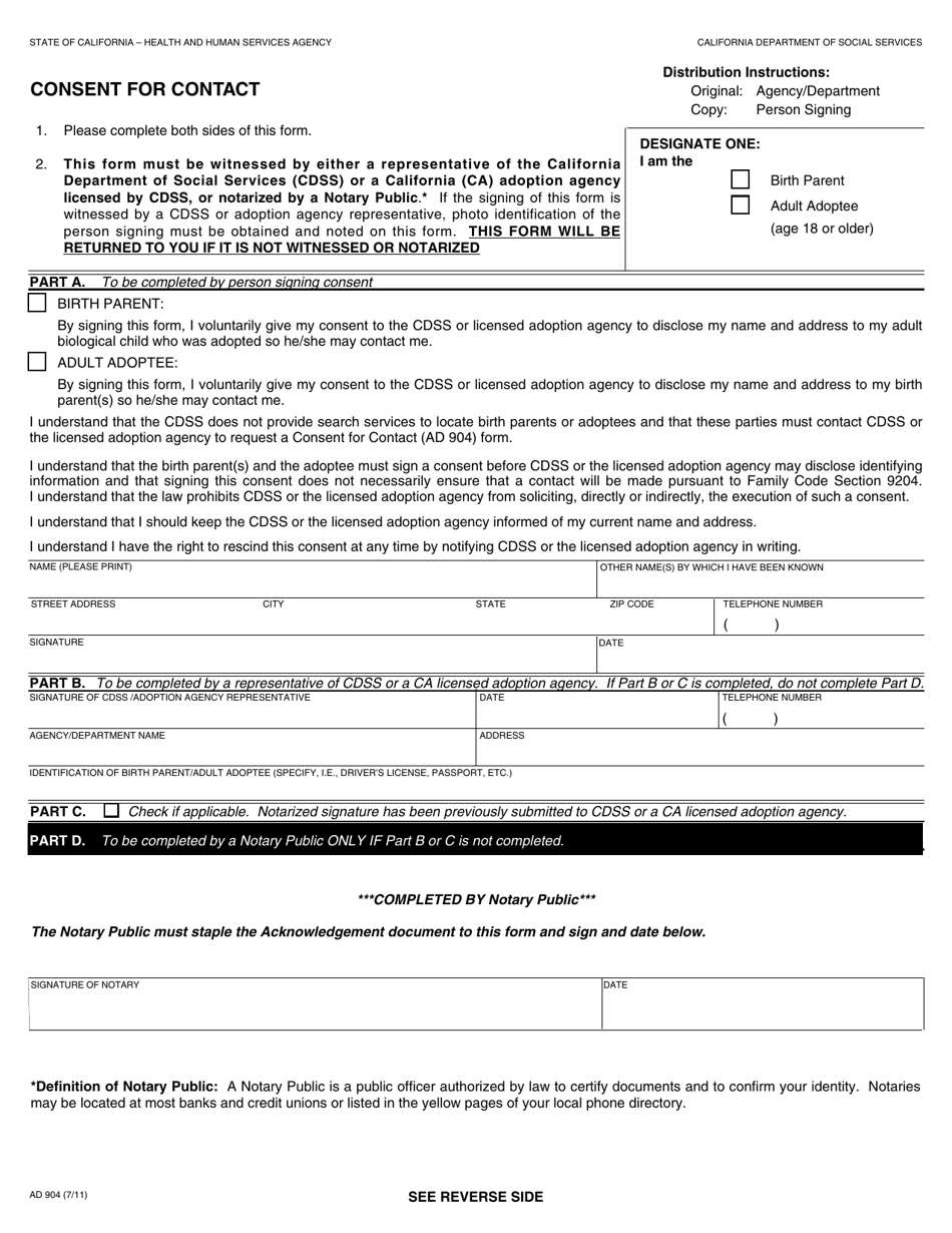 Form AD904 Consent for Contact - California, Page 1