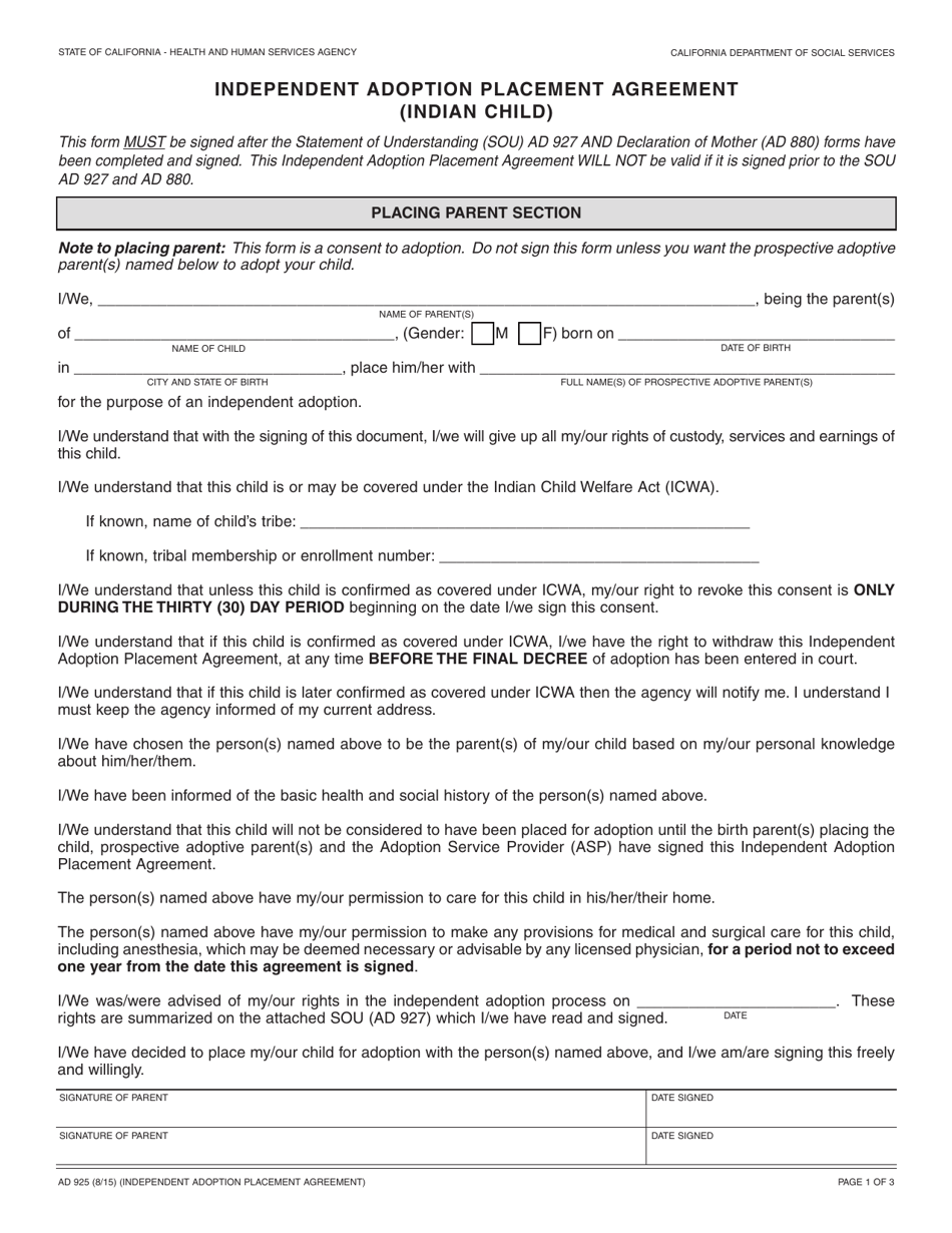 Form AD925 Independent Adoption Placement Agreement (Indian Child) - California, Page 1