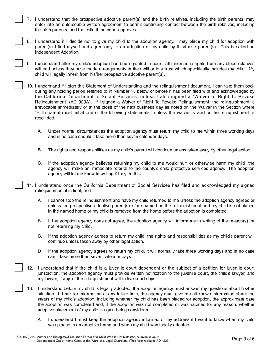 Form AD885 Statement of Understanding - Mother or a Biological / Presumed Father of a Child Who Is Not Detained, a Juvenile Court Dependent in out-Of-Home Care, or the Ward of a Legal Guardian - California, Page 3