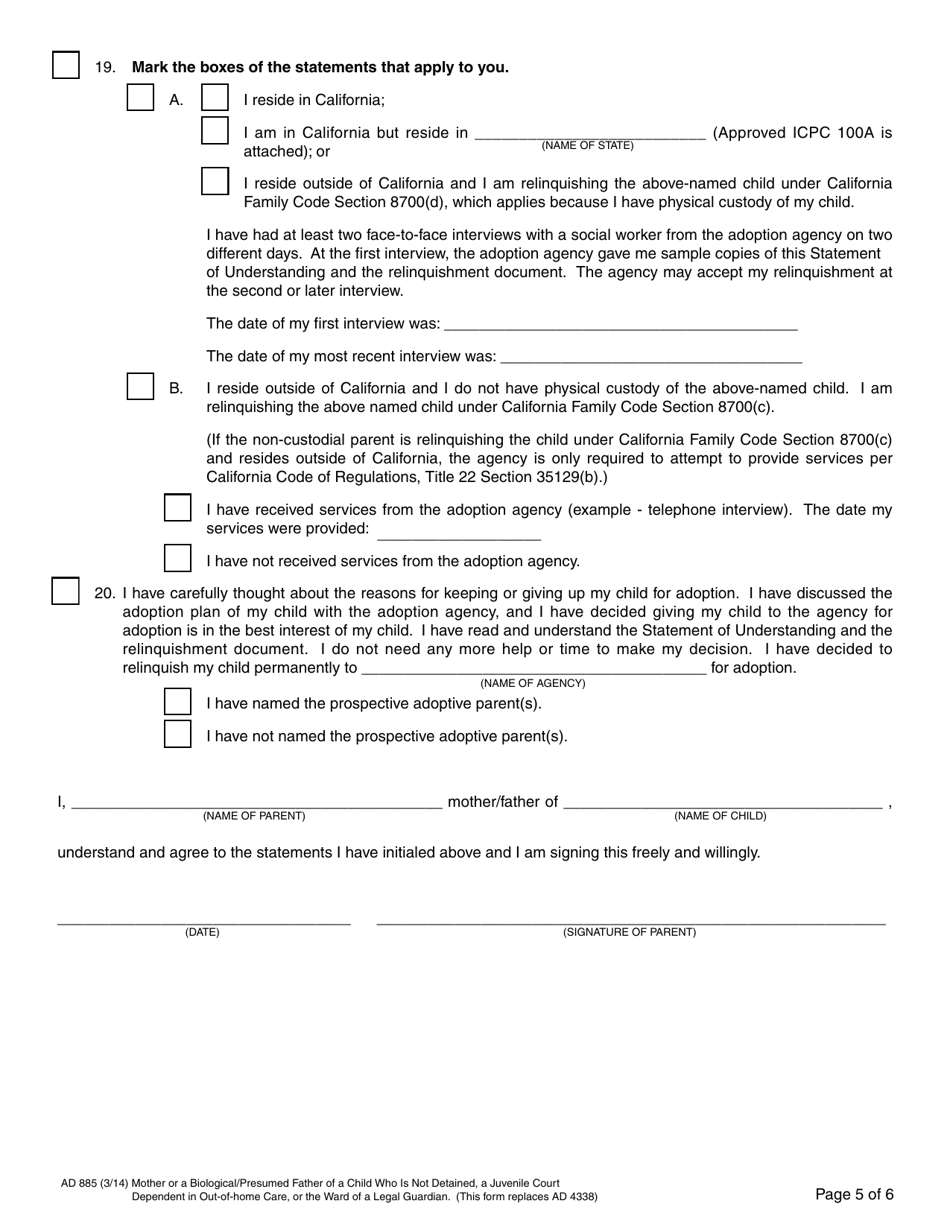 Form AD885 Statement of Understanding - Mother or a Biological / Presumed Father of a Child Who Is Not Detained, a Juvenile Court Dependent in out-Of-Home Care, or the Ward of a Legal Guardian - California, Page 5