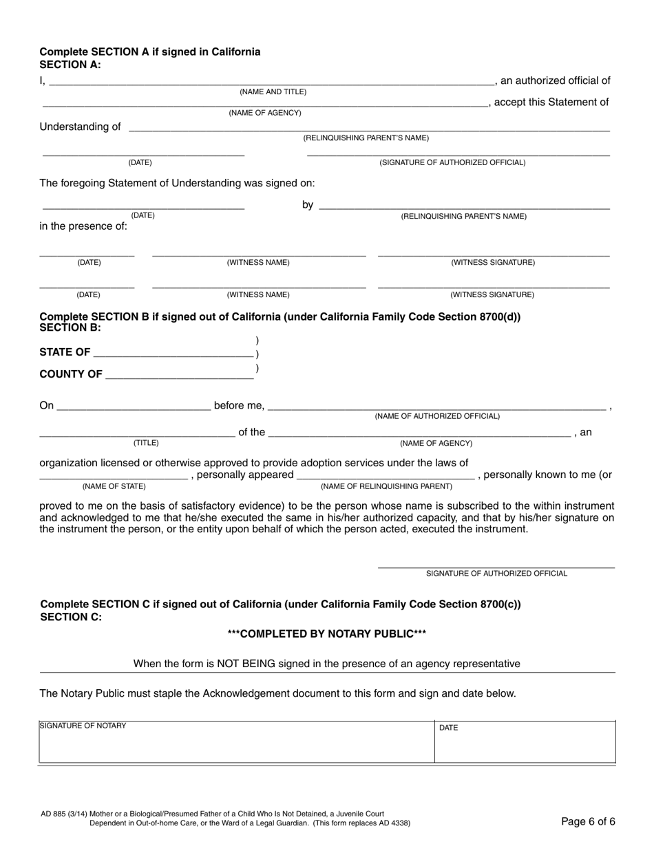 Form AD885 Statement of Understanding - Mother or a Biological / Presumed Father of a Child Who Is Not Detained, a Juvenile Court Dependent in out-Of-Home Care, or the Ward of a Legal Guardian - California, Page 6