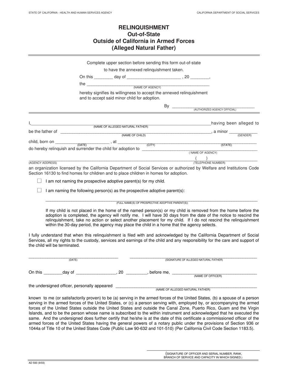 Form AD593 Relinquishment - out of State in Armed Forces (Alleged Natural Father) - California, Page 1