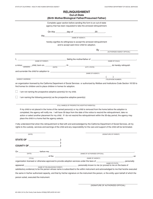 Form AD4339 Relinquishment - out of State (Birth Mother/Biological Father/Presumed Father) - California