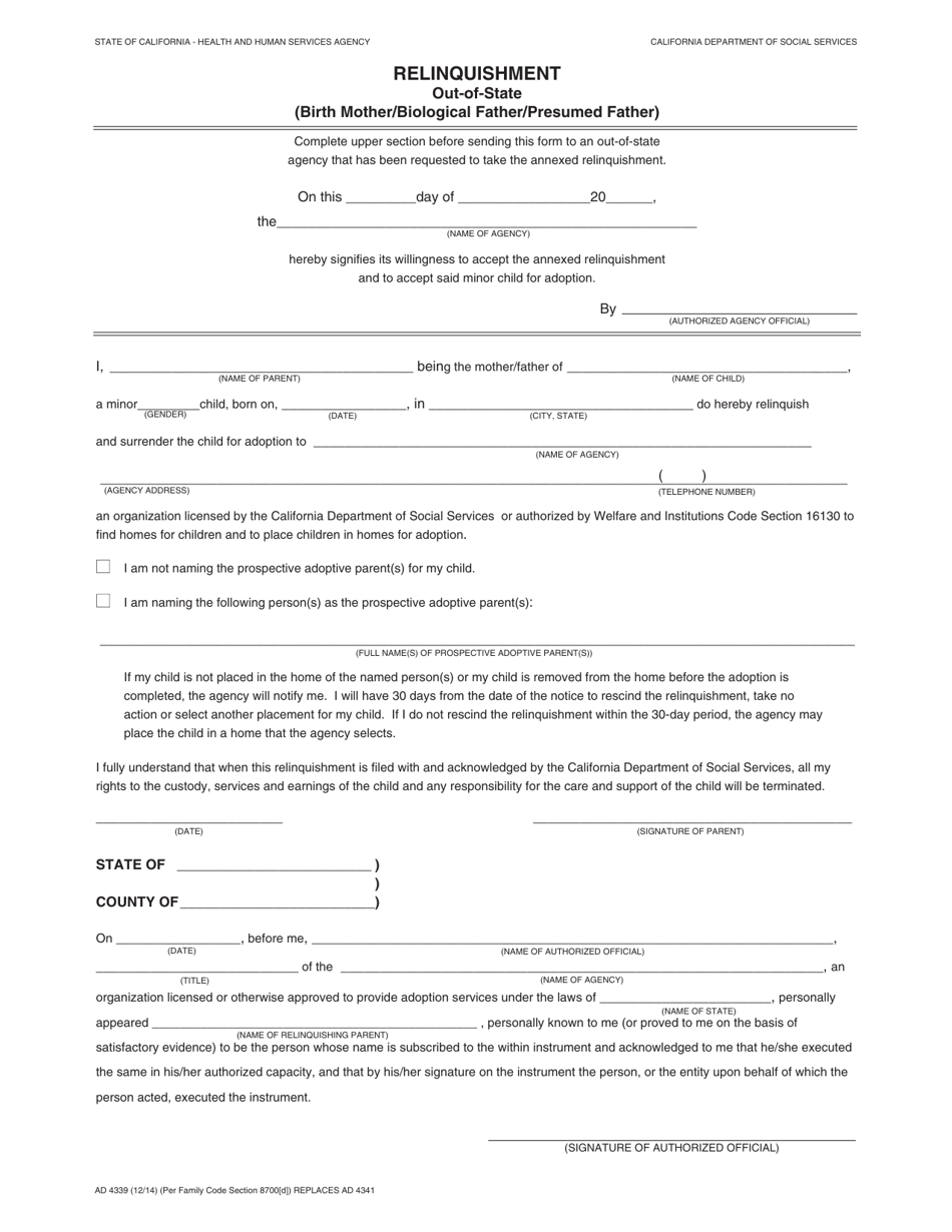 Form AD4339 Relinquishment - out of State (Birth Mother / Biological Father / Presumed Father) - California, Page 1