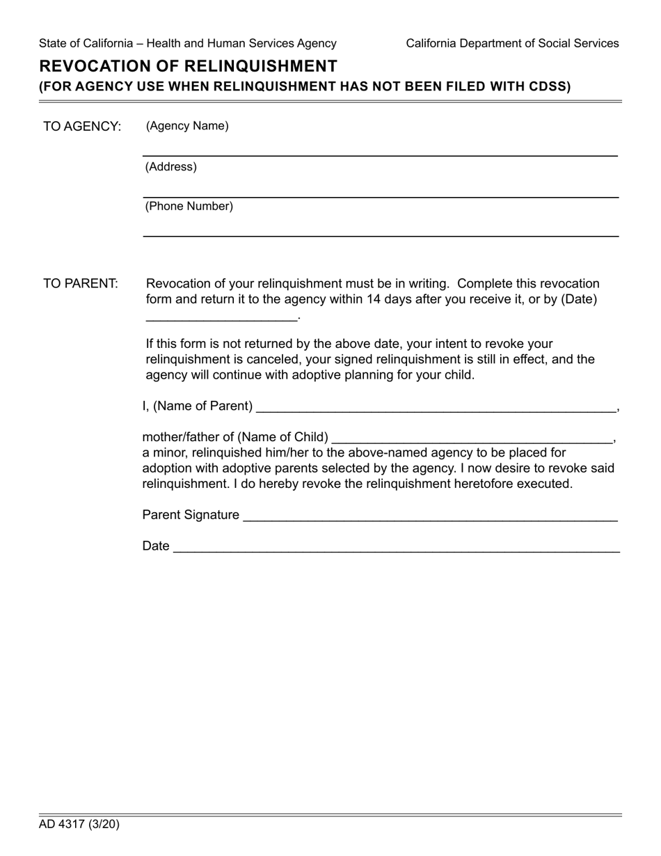 Form AD4317 Revocation of Relinquishment - California, Page 1