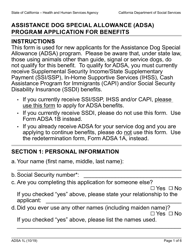 Form ADSA1L Assistance Dog Special Allowance (Adsa) Program Application for Benefits - California
