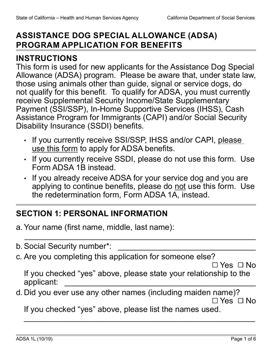 Form ADSA1L Assistance Dog Special Allowance (Adsa) Program Application for Benefits - California, Page 1