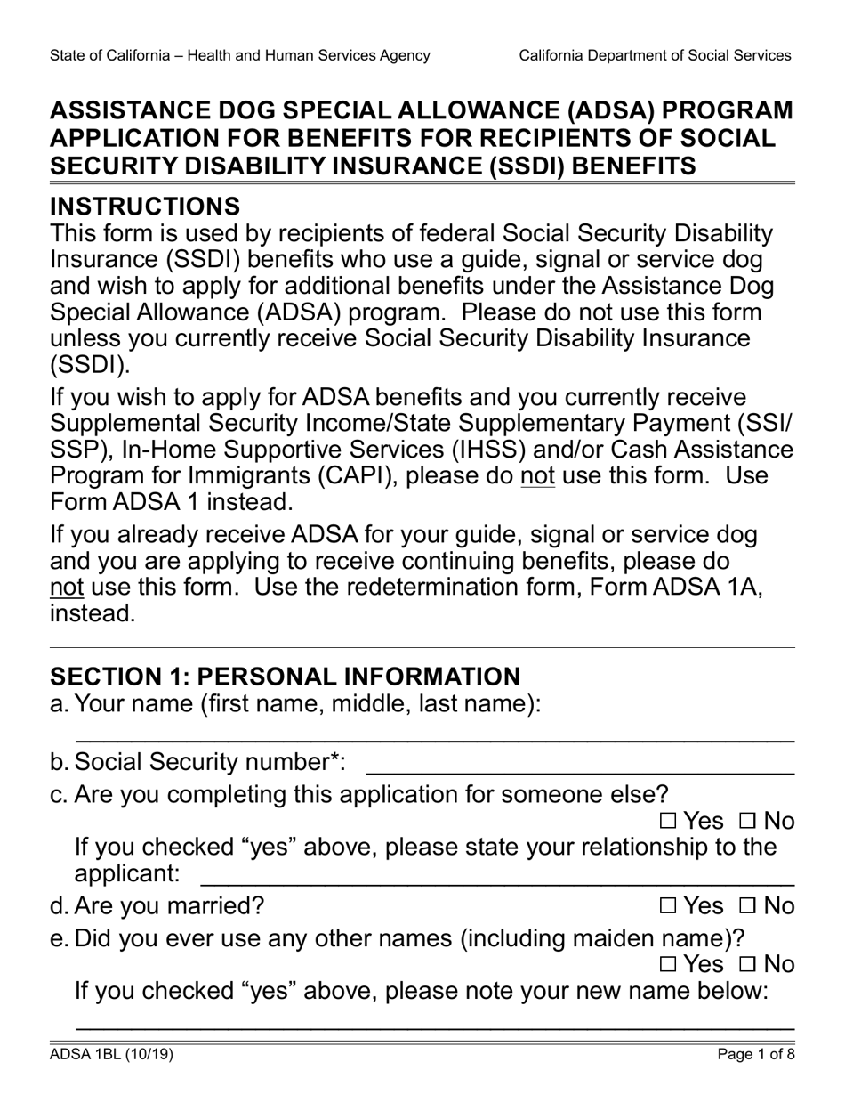 Form ADSA1BL Assistance Dog Special Allowance (Adsa) Program Application for Benefits for Recipients of Social Security Disability Insurance (Ssdi) Benefits - California, Page 1