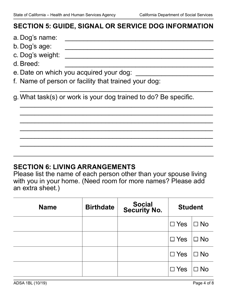 Form ADSA1BL Assistance Dog Special Allowance (Adsa) Program Application for Benefits for Recipients of Social Security Disability Insurance (Ssdi) Benefits - California, Page 4