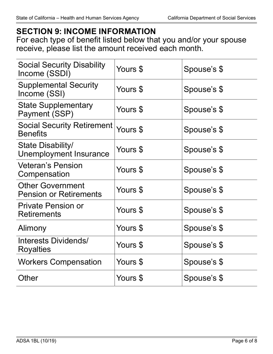 Form ADSA1BL Assistance Dog Special Allowance (Adsa) Program Application for Benefits for Recipients of Social Security Disability Insurance (Ssdi) Benefits - California, Page 6