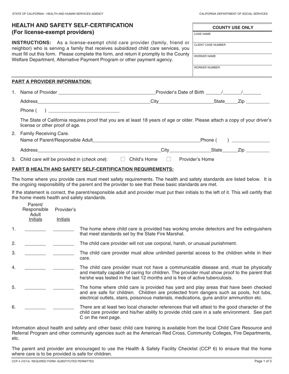 Form CCP4 Health and Safety Self-certification (For License-Exempt Providers) - California, Page 1