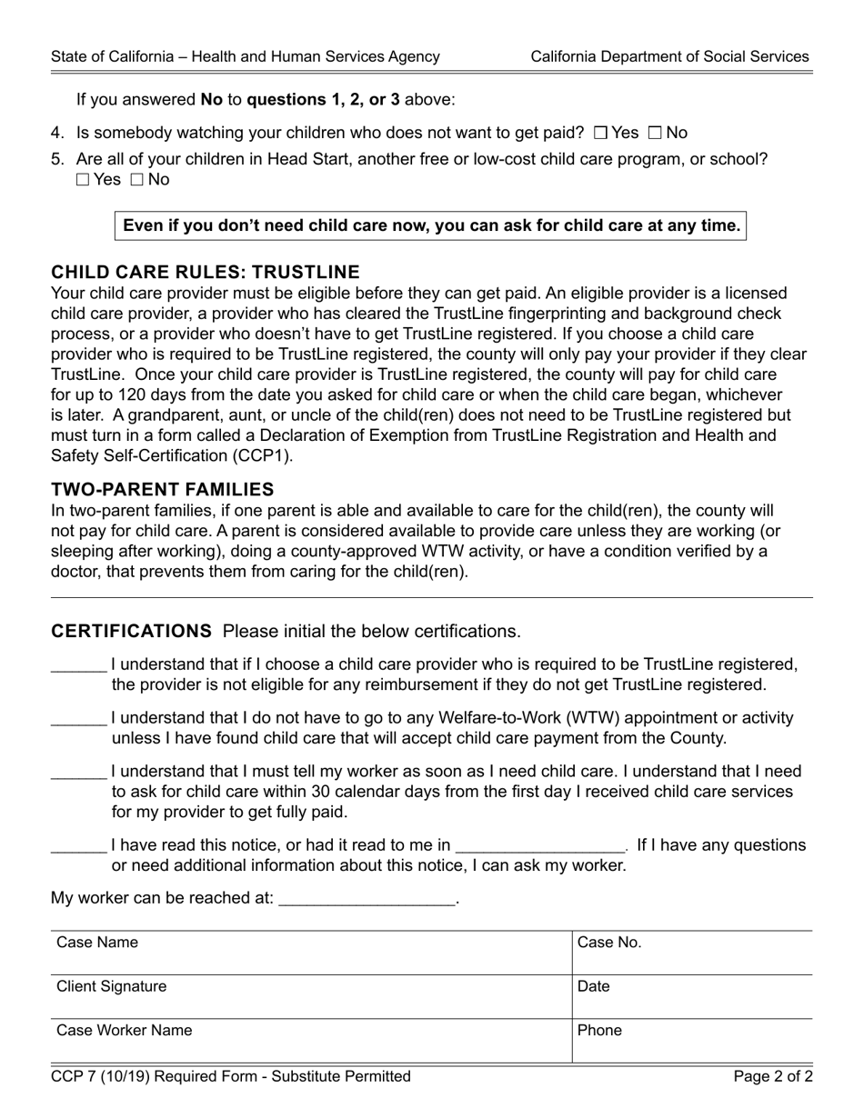 Form CCP7 Calworks Child Care Request Form and Child Care Payment Rules - California, Page 2