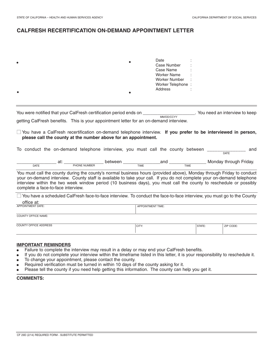 Form CF29D CalFresh Recertification on-Demand Appointment Letter - California, Page 1