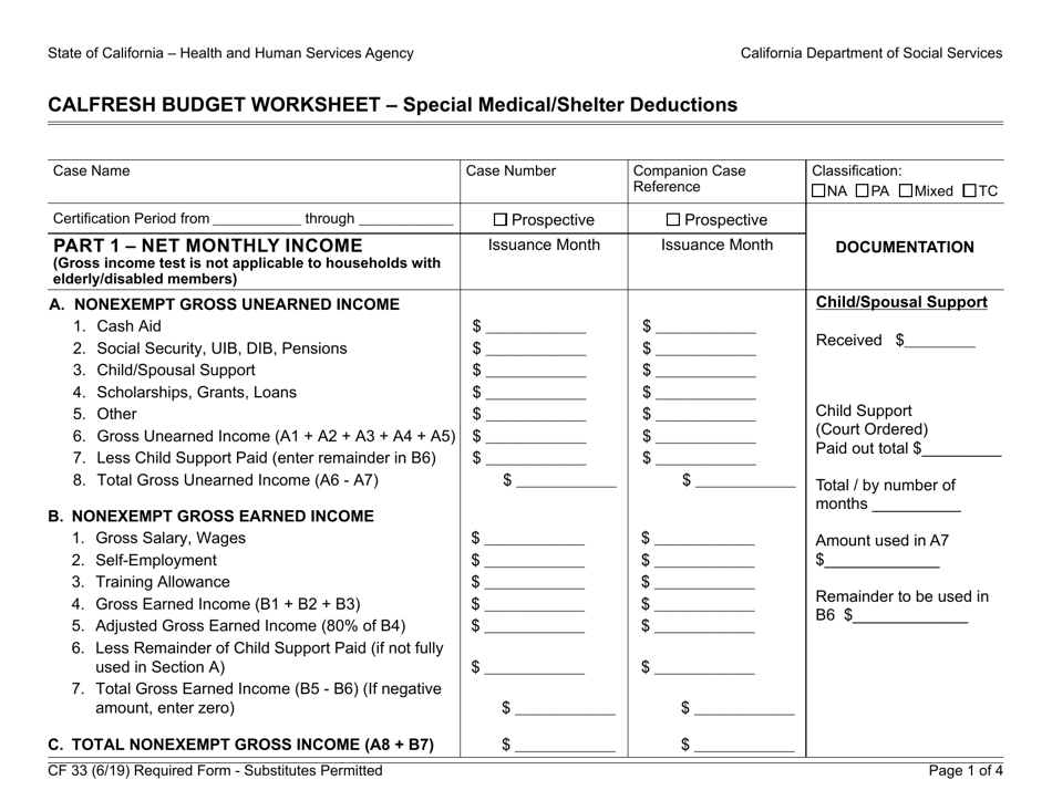 Form CF33 CalFresh Budget Worksheet - Special Medical / Shelter Deductions - California, Page 1