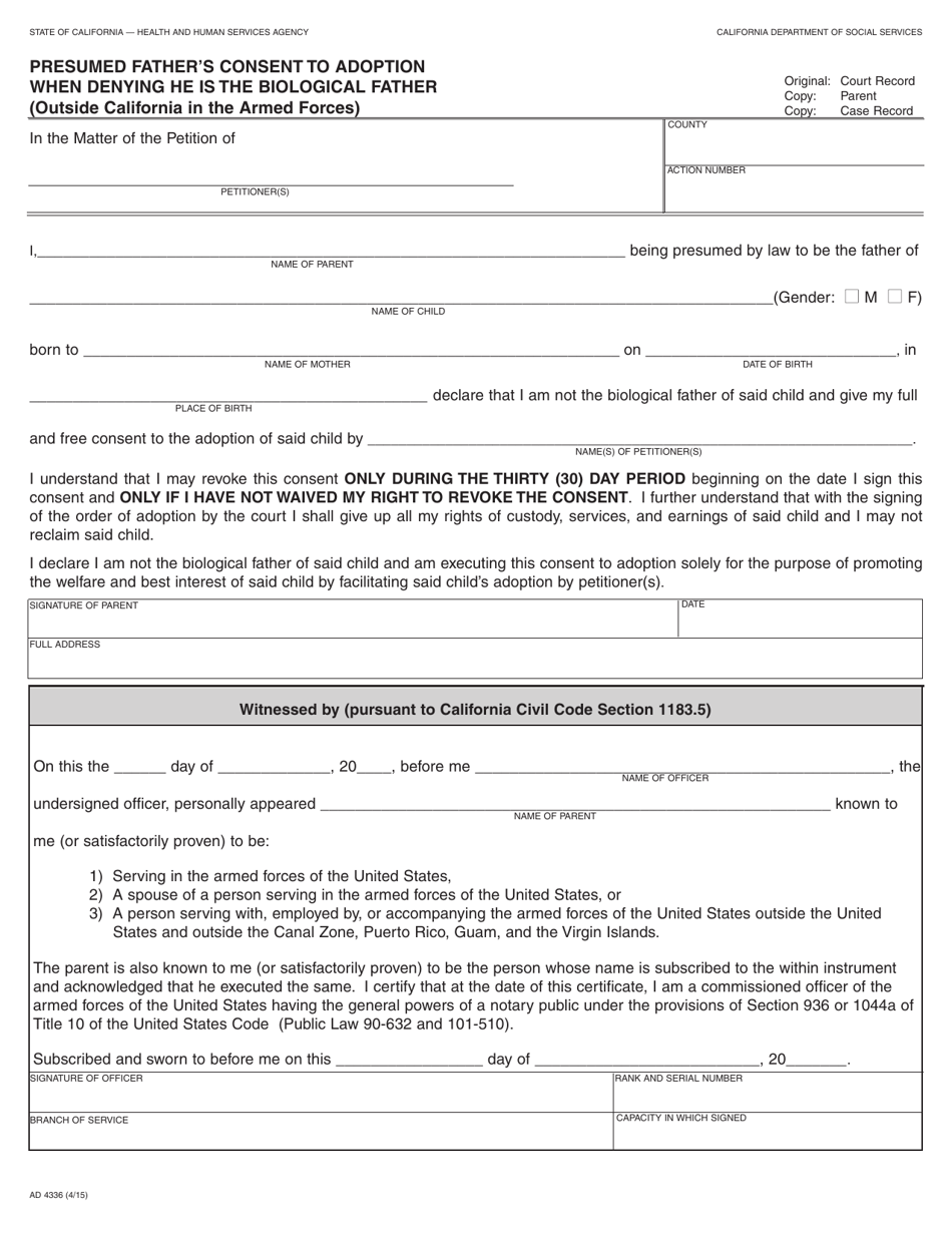 Form AD4336 Presumed Fathers Consent to Adoption When Denying He Is the Biological Father (Outside California in Armed Forces) - California, Page 1