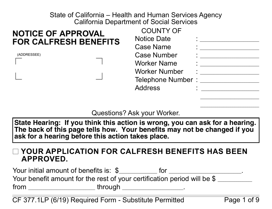Form CF377.1LP Notice of Approval for CalFresh Benefits - California, Page 1