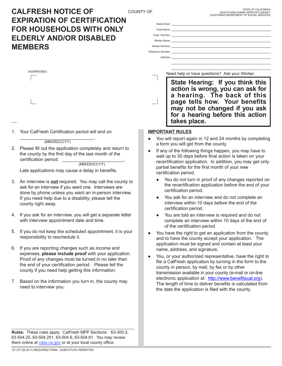 Form CF377.2B CalFresh Notice of Expiration of Certification for Households With Only Elderly and / or Disabled Members - California, Page 1