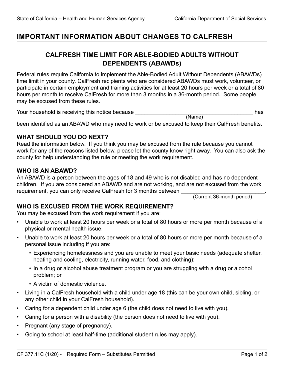 Form CF377.11C CalFresh Informational Notice - CalFresh Time Limit for Able-Bodied Adults Without Dependents (Abawds) - California, Page 1