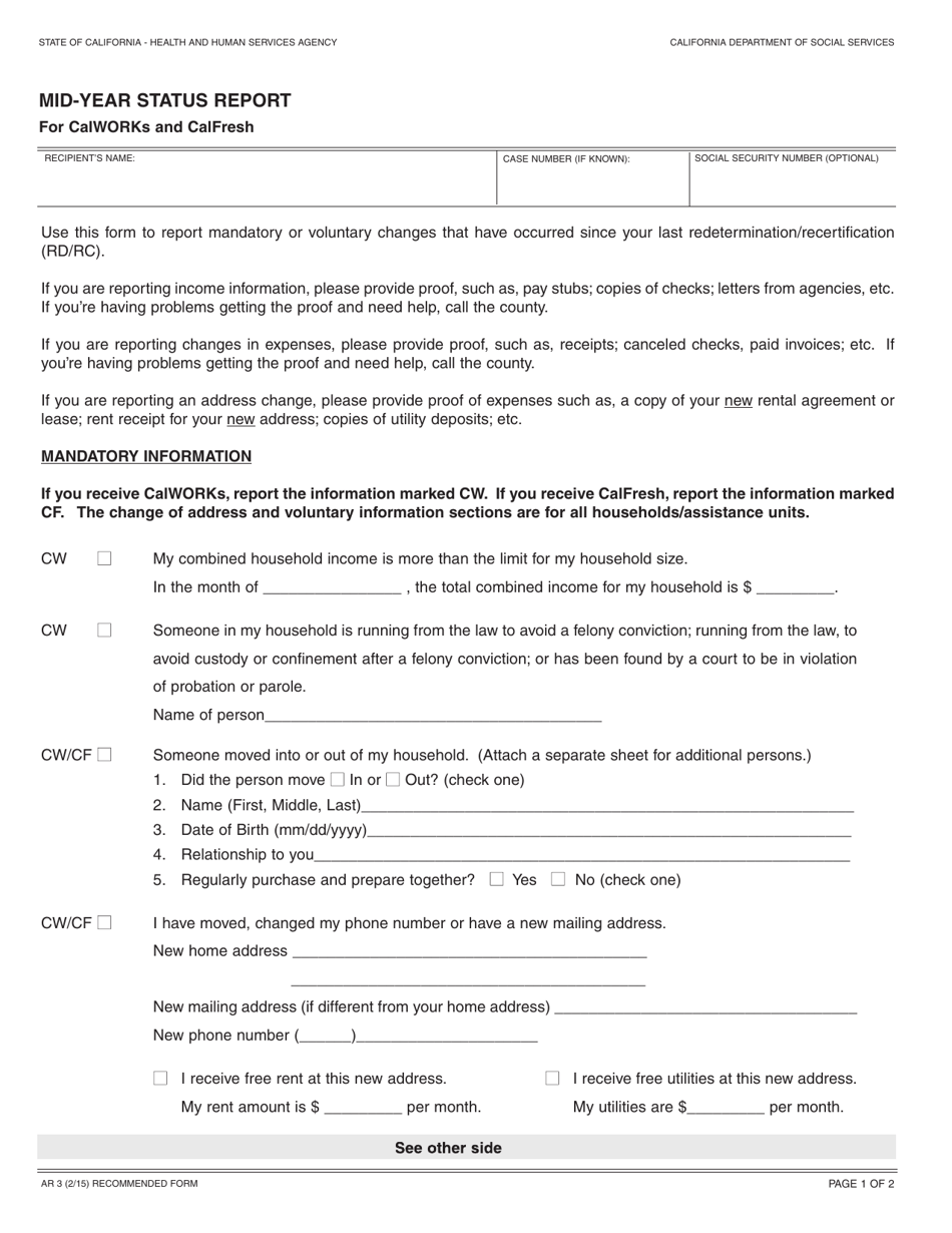 Form AR3 Mid-year Status Report for Calworks and Calfresh - California, Page 1