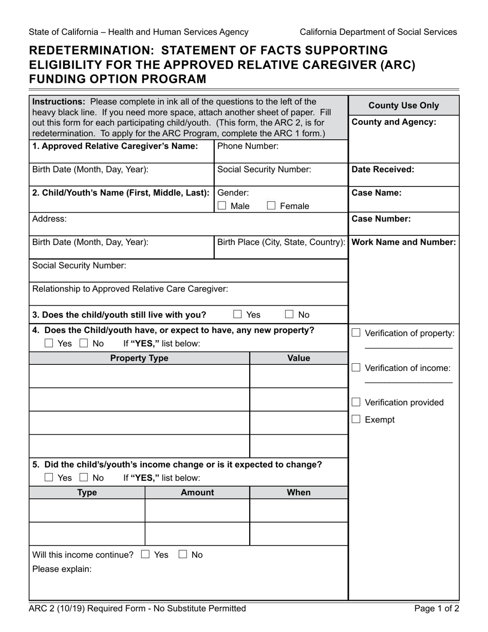 Form ARC2 Redetermination: Statement of Facts Supporting Eligibility for the Approved Relative Caregiver (ARC) Funding Option Program - California, Page 1