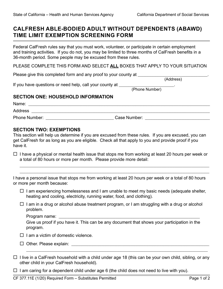 Form CF377.11E CalFresh Able-Bodied Adult Without Dependents (Abawd) Time Limit Exemption Screening Form - California, Page 1