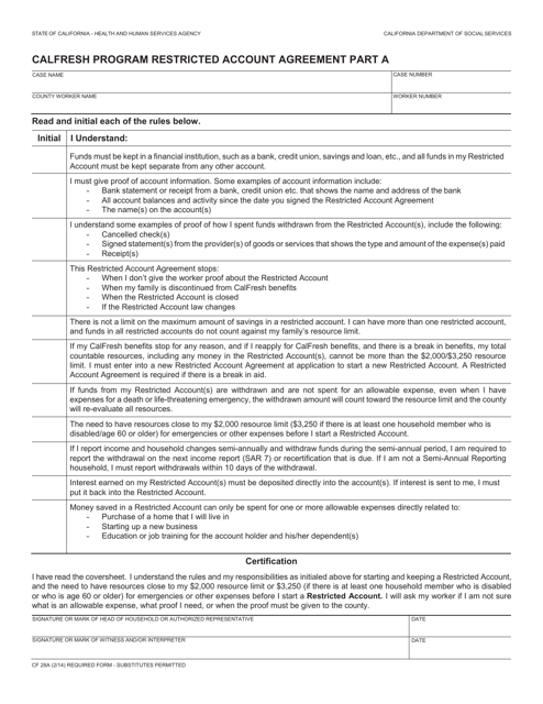 Form CF28A Part A CalFresh Program Restricted Account Agreement - California