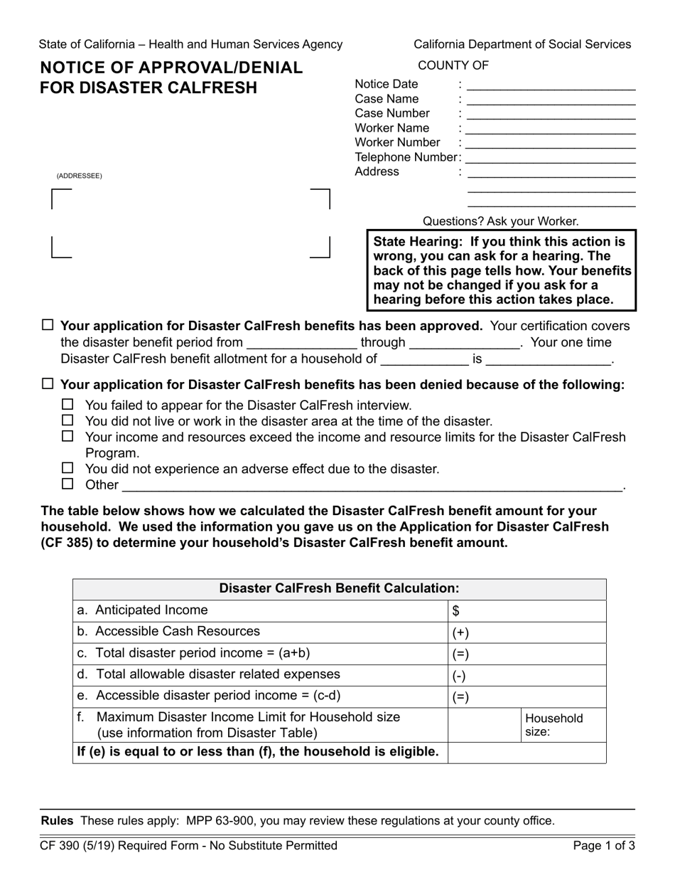 Form CF390 Notice of Approval / Denial for Disaster Calfresh - California, Page 1