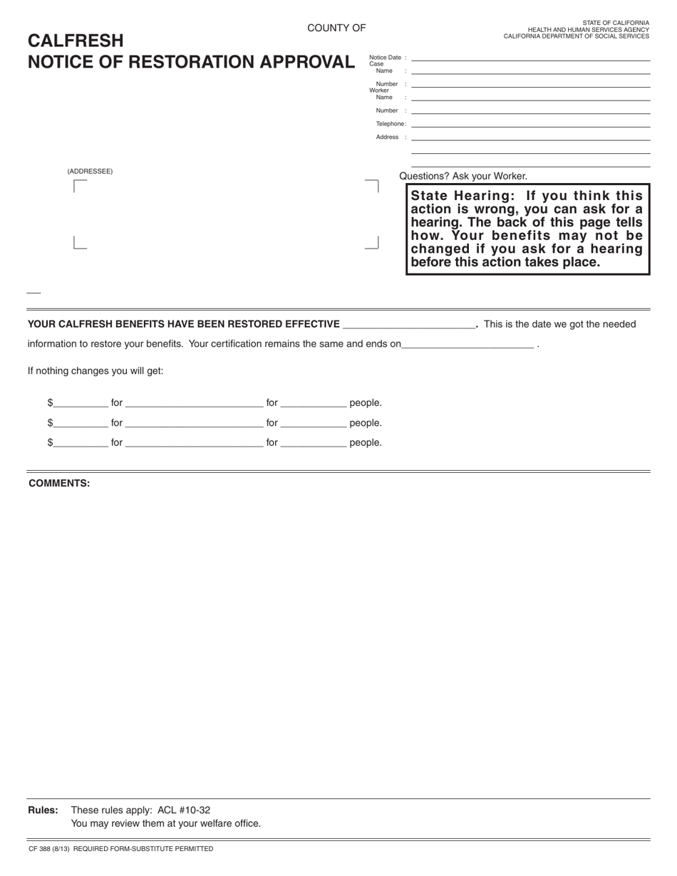 Form CF388 CalFresh Notice of Restoration Approval - California, Page 1